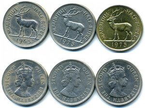 Маврикий ½ рупии, 1965, 1975