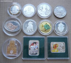 11 монет серебро 3руб, импорт цвет, позол, пруф