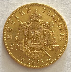 Франция 20 франков 1866 года Наполеон III ( Au 900 6,45 гр.)